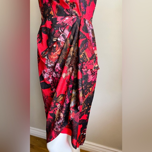 Calvin Klein Red Floral Sheath Dress Cascade Pleated Dark Romantic Wedding Midi - Picture 6 of 11